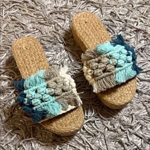Boho Fringe Slide Sandals in Teal, Aqua, Cream, and Tan